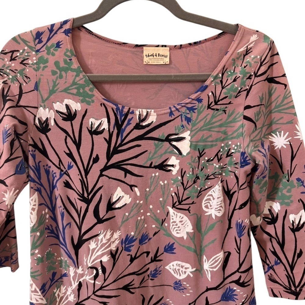 Thief & Bandit Wandering Handprinted Floral Shift Dress Tan Size S - Picture 2 of 6